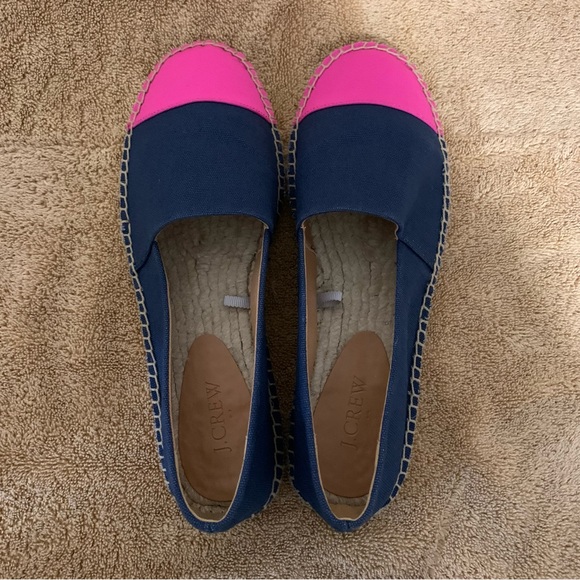 Women’s 9 1/2 J. CREW Navy Blue / Pink Cap Toe Canvas Espadrille Slip On Shoes - Picture 12 of 16